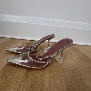 Crystal-Embellished Clear Pointed Mule Heel in Rose